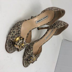 MANOLO BLAHNIK Metallic | Leopard Print D'Orsay Peep Toe - Size 38.5 / 8